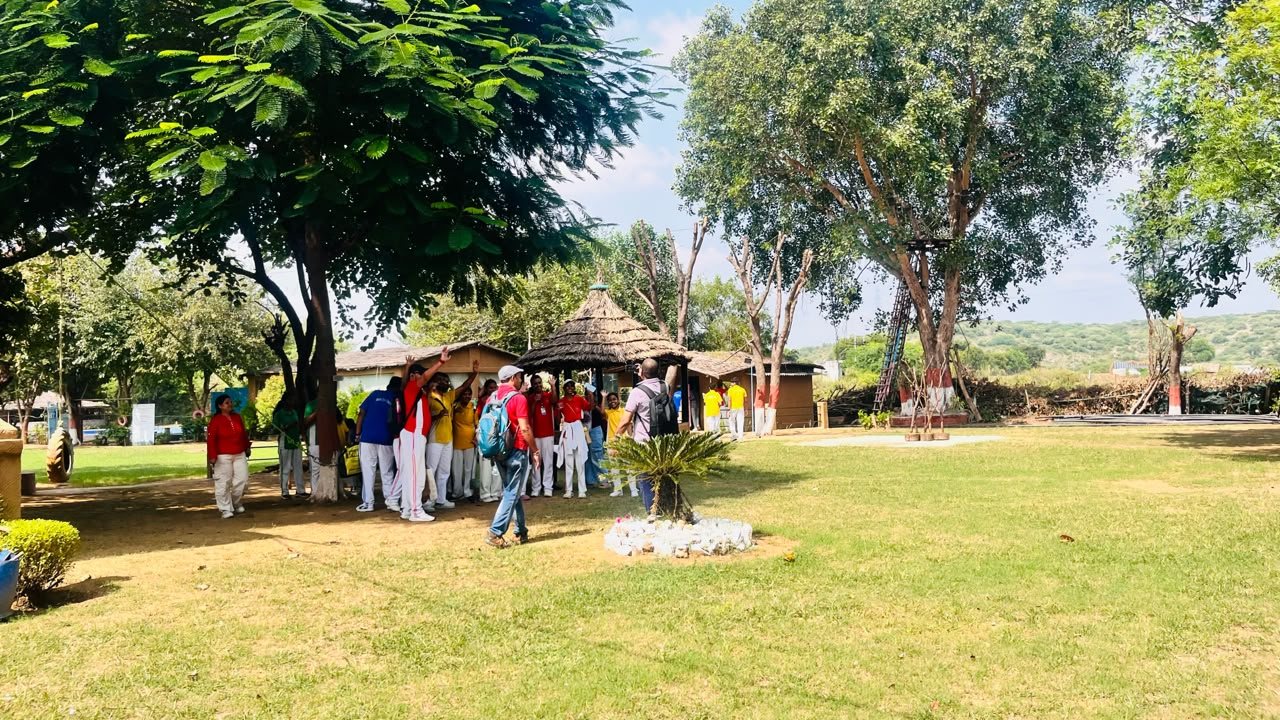 A group taking part in an outdoor team activity